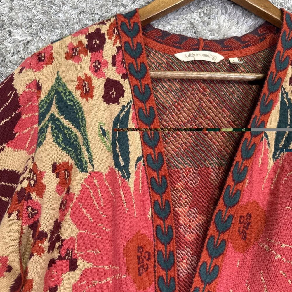Soft Surroundings Floral Knit Long Line Cardigan Sweater Large Colorful Boho - Picture 9 of 15